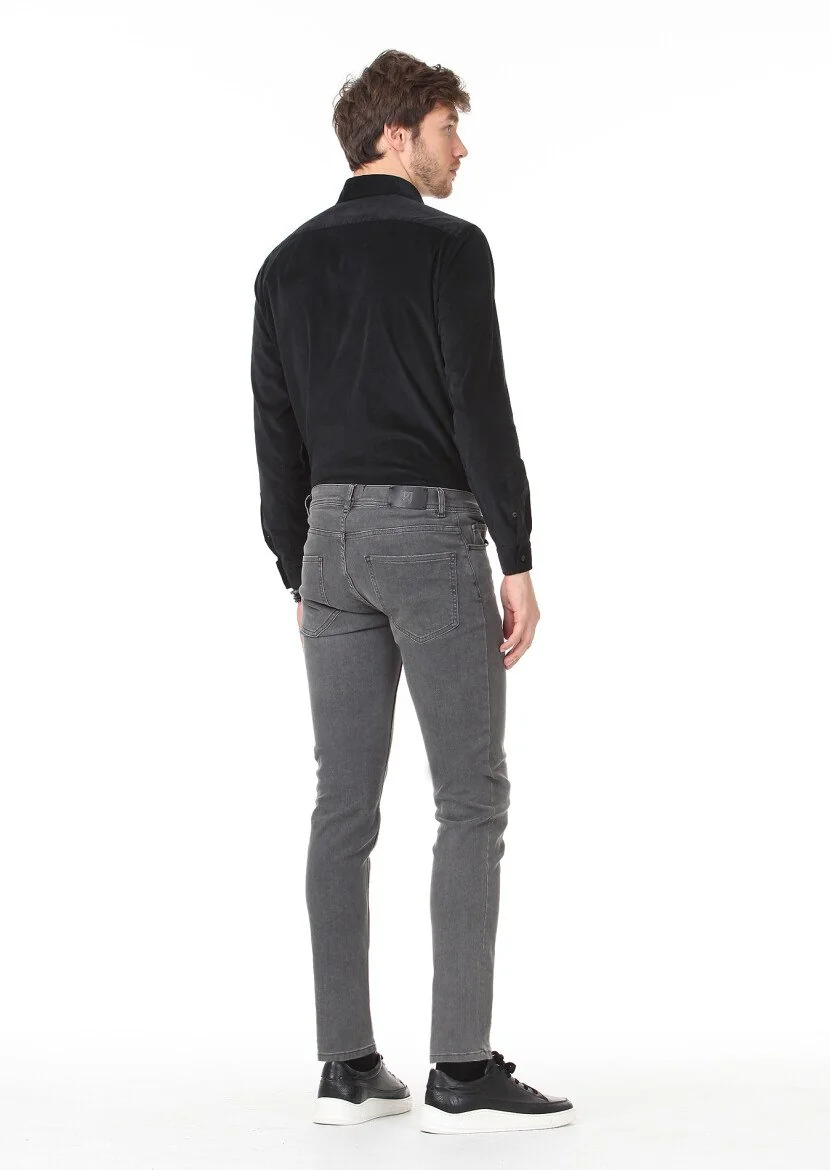 Grey Slim Fit Denim Cotton Blended Trousers - 4