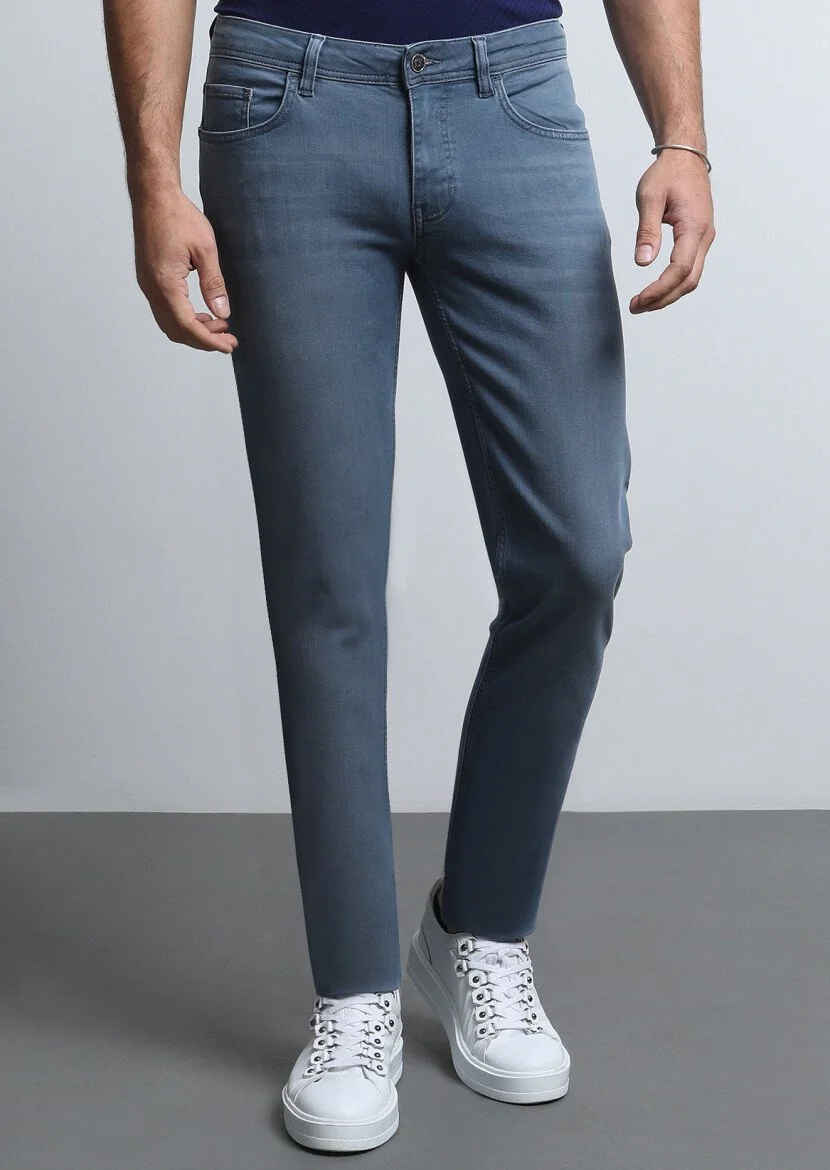 Grey Slim Fit Denim Cotton Blended Trousers - 3