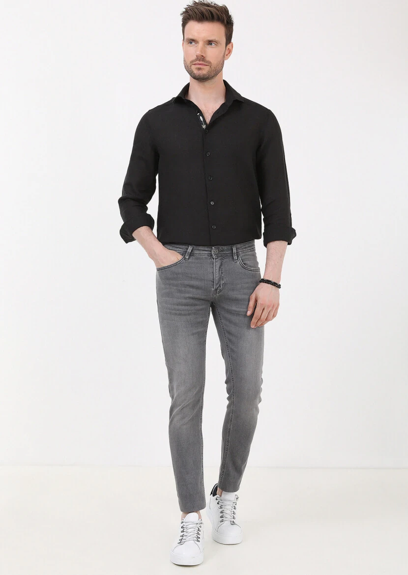 Grey Slim Fit Denim Cotton Blended Trousers - 1