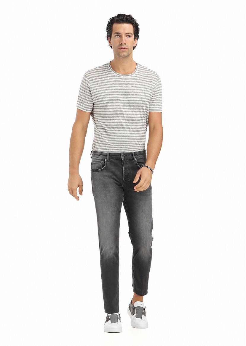 Grey Slim Fit Denim Cotton Blended Trousers - 1