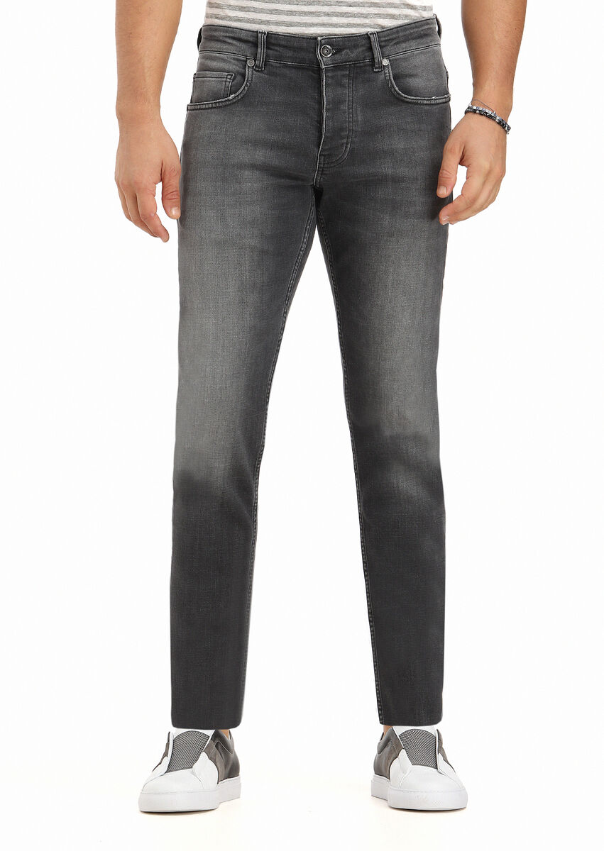 Grey Slim Fit Denim Cotton Blended Trousers - 2