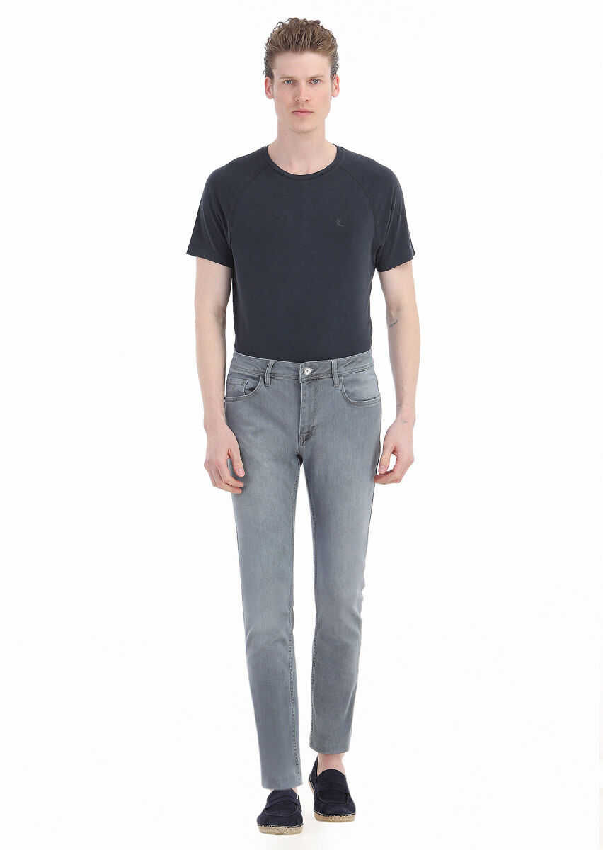 Grey Slim Fit Denim Cotton Blended Trousers - 1