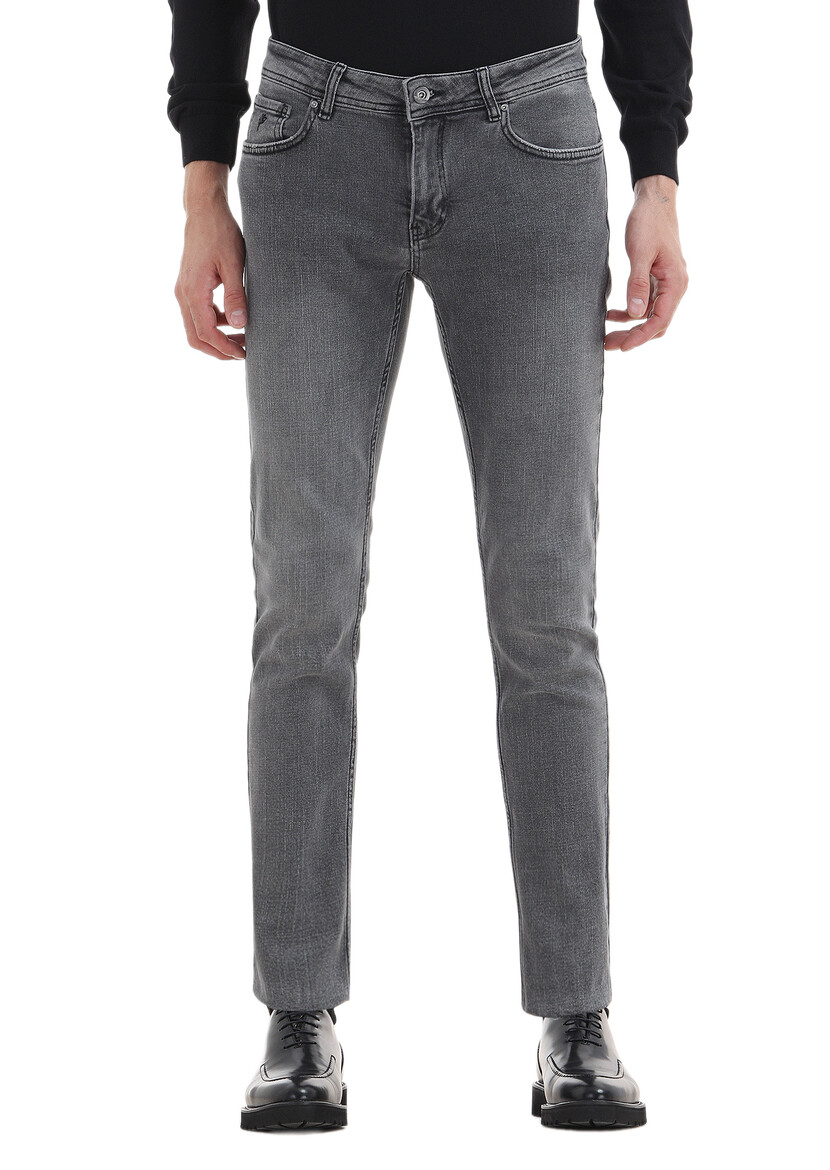 Grey Slim Fit Denim Cotton Blended Trousers - 2