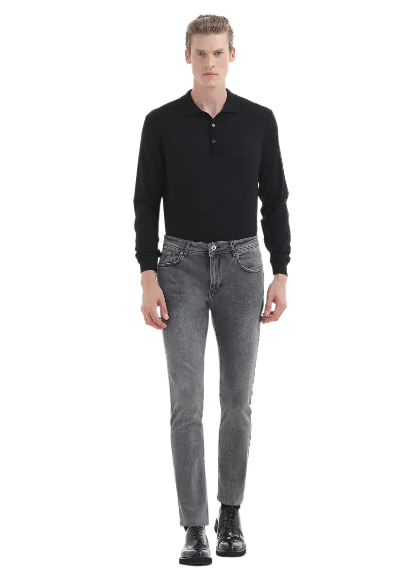 Grey Slim Fit Denim Cotton Blended Trousers - 1