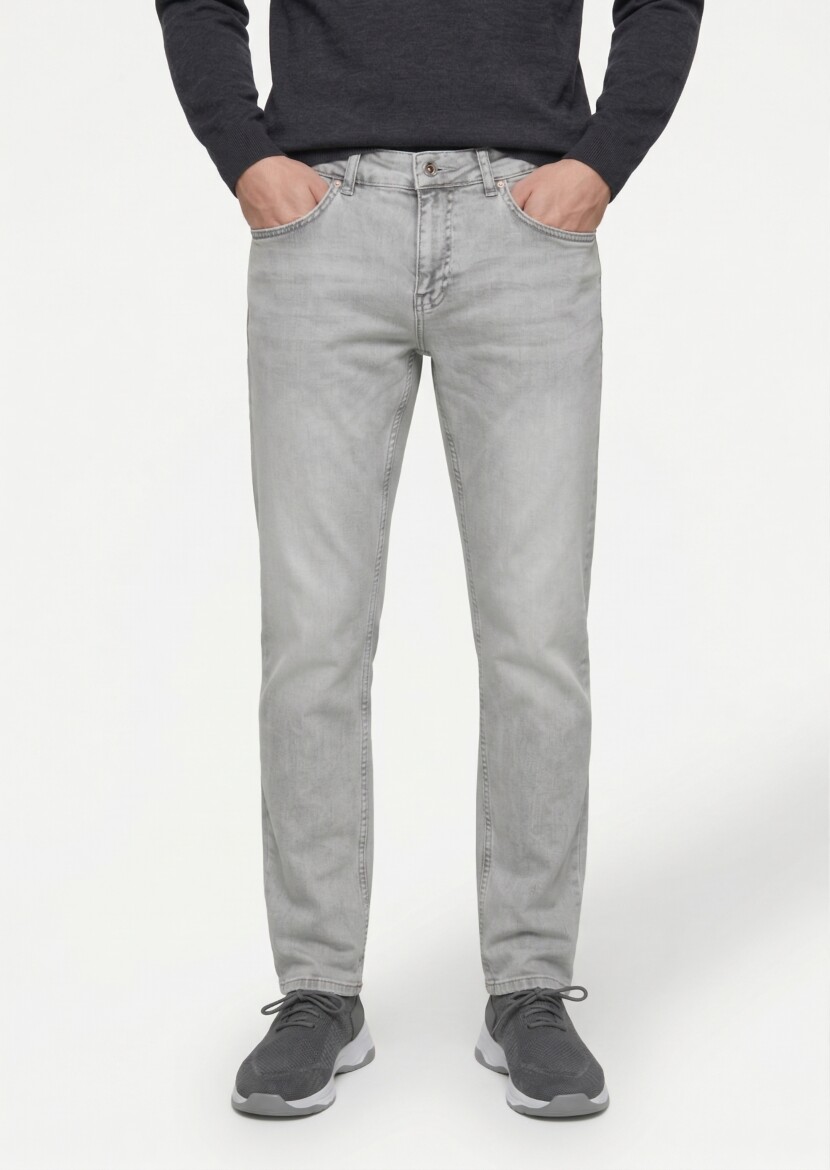 Grey Slim Fit Denim Cotton Blended Trousers - RAMSEY