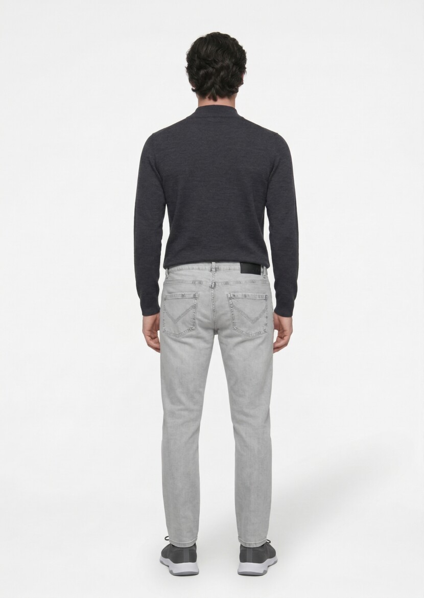Grey Slim Fit Denim Cotton Blended Trousers - 3