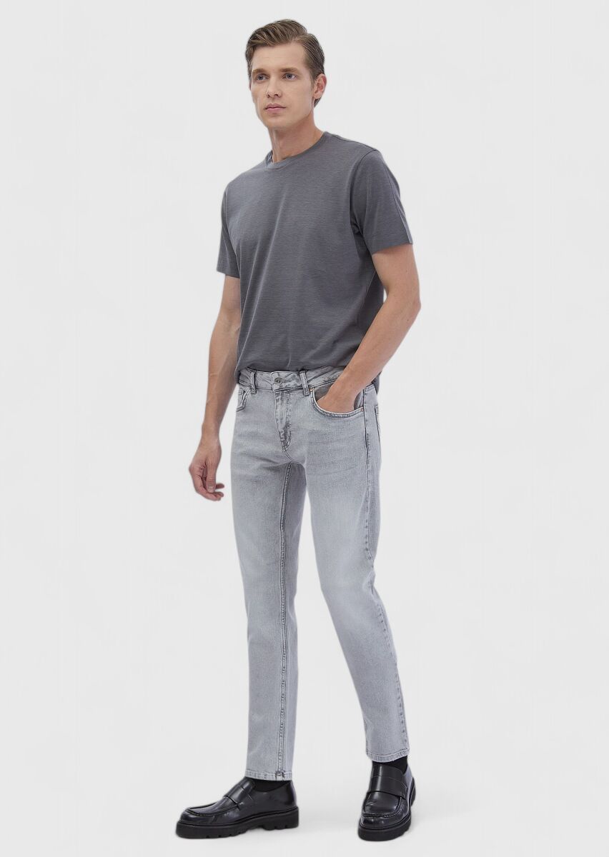 Grey Slim Fit Denim Cotton Blended Trousers - 1