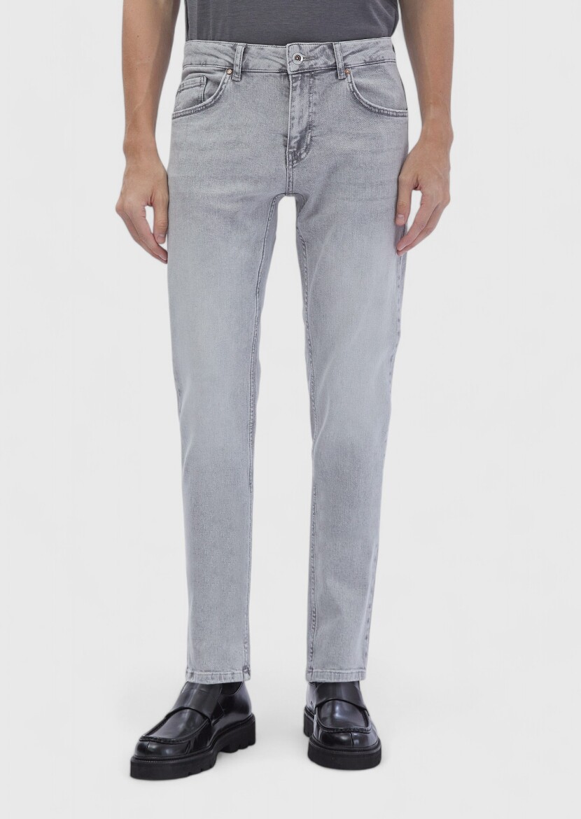 Grey Slim Fit Denim Cotton Blended Trousers - 2