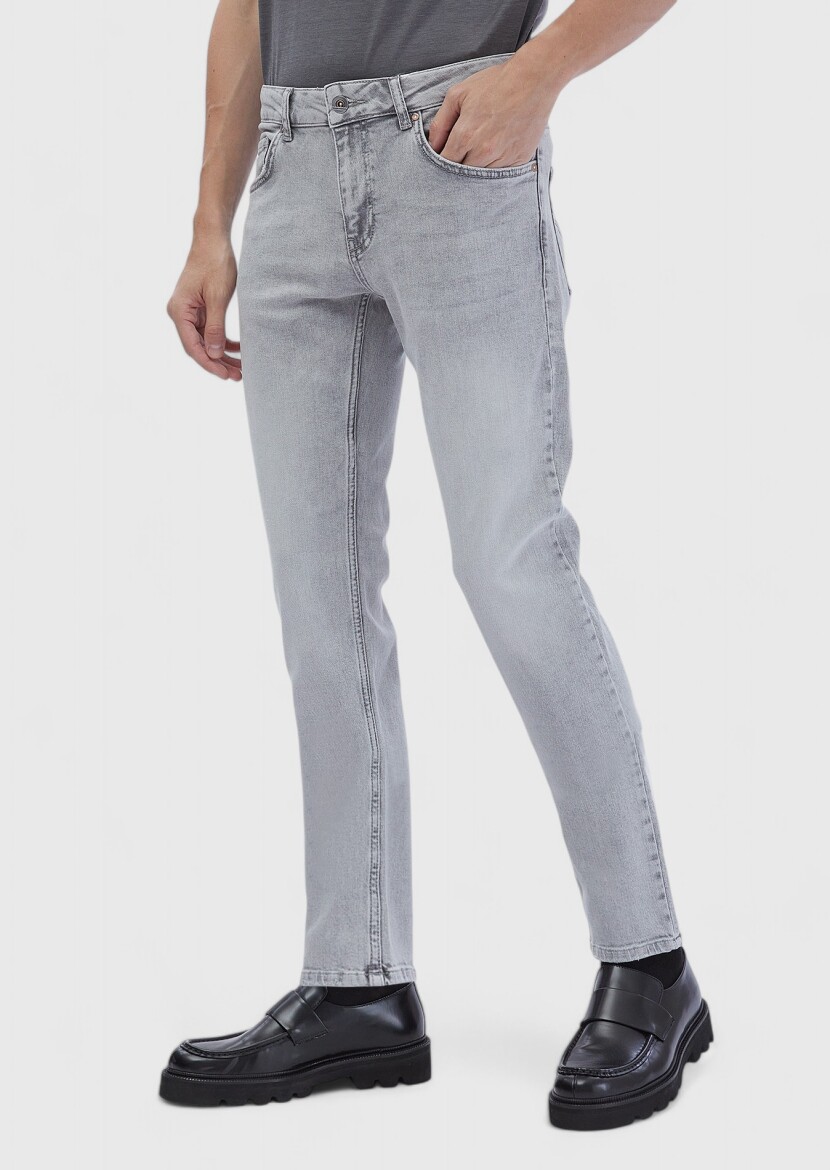 Grey Slim Fit Denim Cotton Blended Trousers - 3