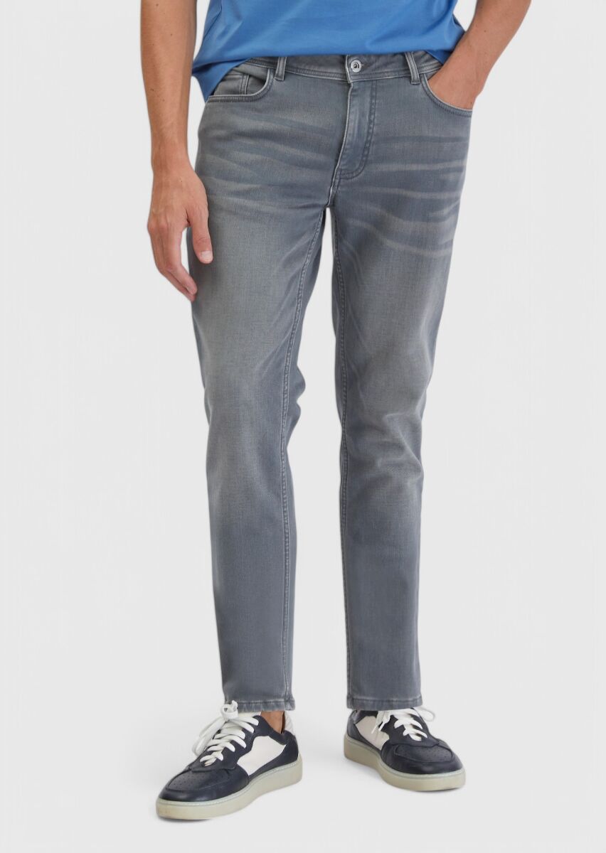 Grey Slim Fit Denim Cotton Blended Trousers - 2