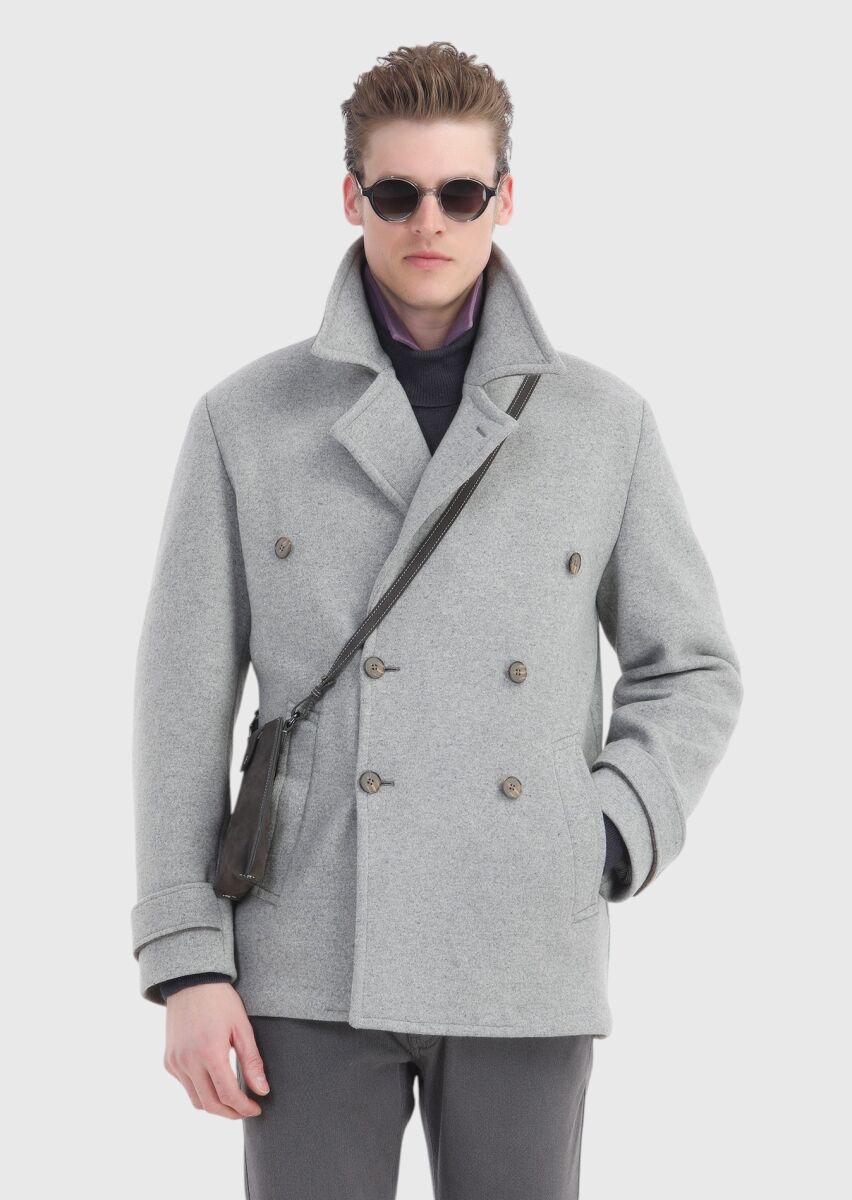 Grey Slim Fit Double Breasted Collar Casual Knitting Overcoat - 5