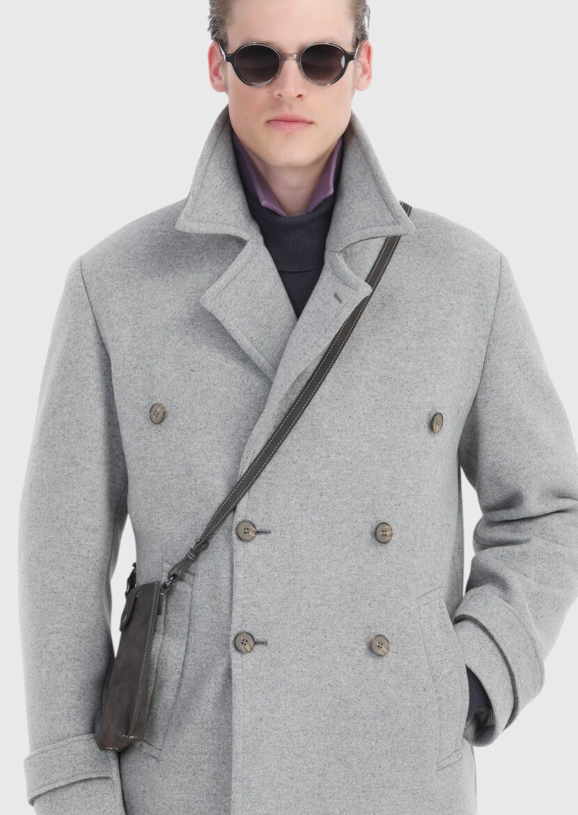 Grey Slim Fit Double Breasted Collar Casual Knitting Overcoat - 6