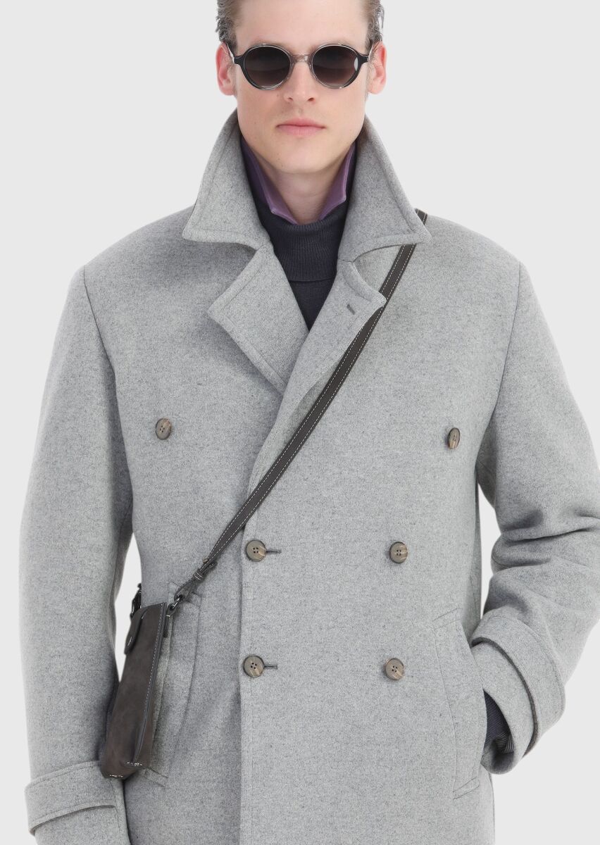 Grey Slim Fit Double Breasted Collar Casual Knitting Overcoat - 6