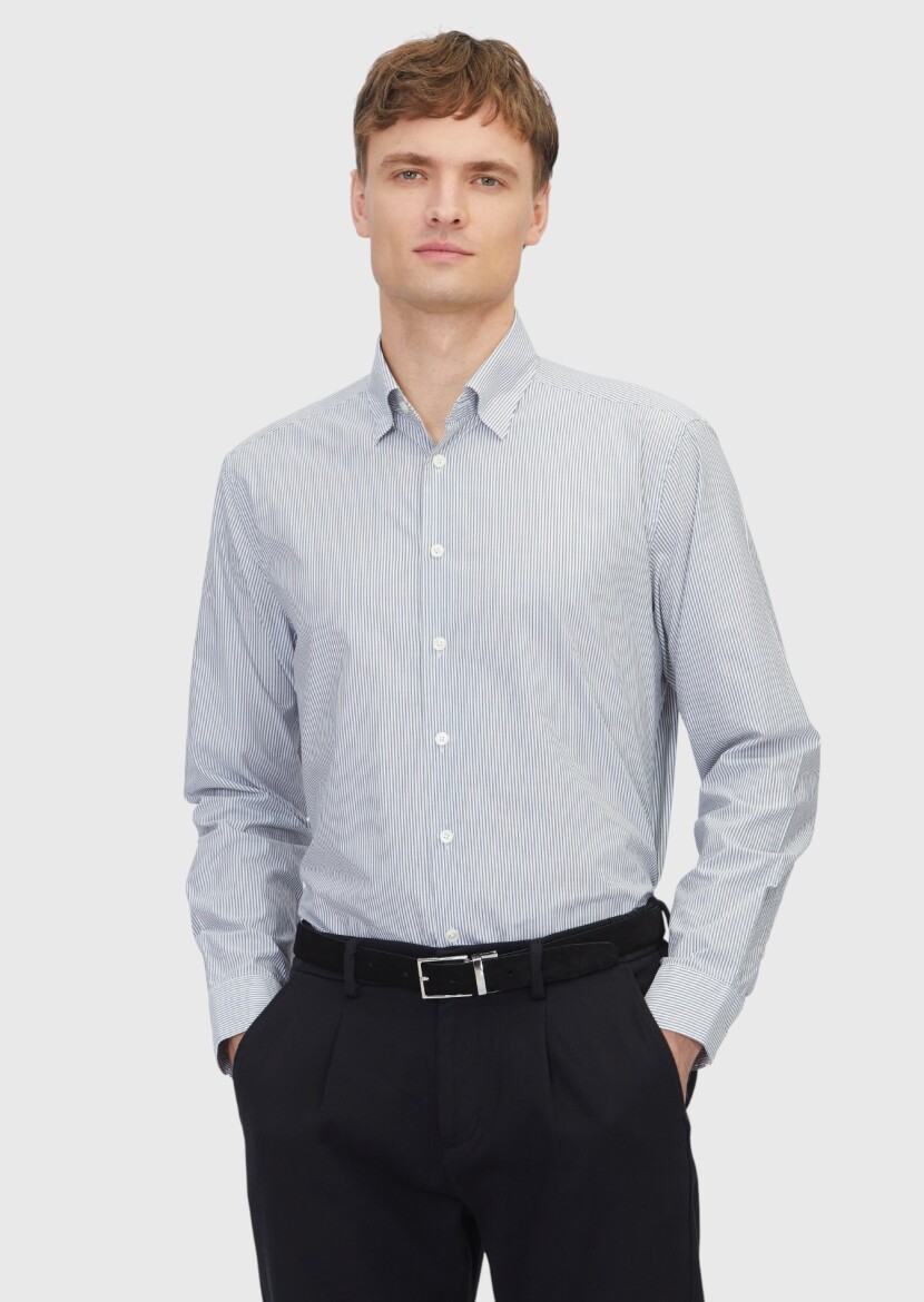 Grey Striped Casual Fit Weaving Casual 100% Cotton Shirt - RAMSEY