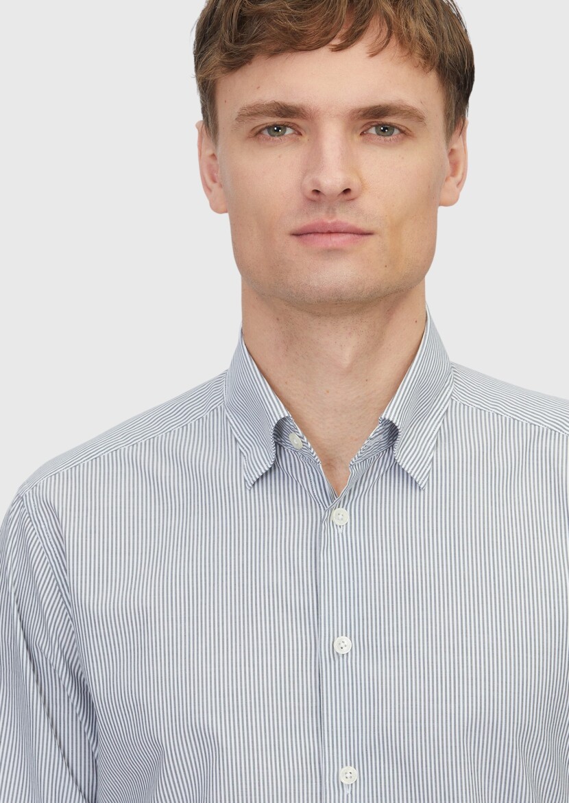 Grey Striped Casual Fit Weaving Casual 100% Cotton Shirt - 3