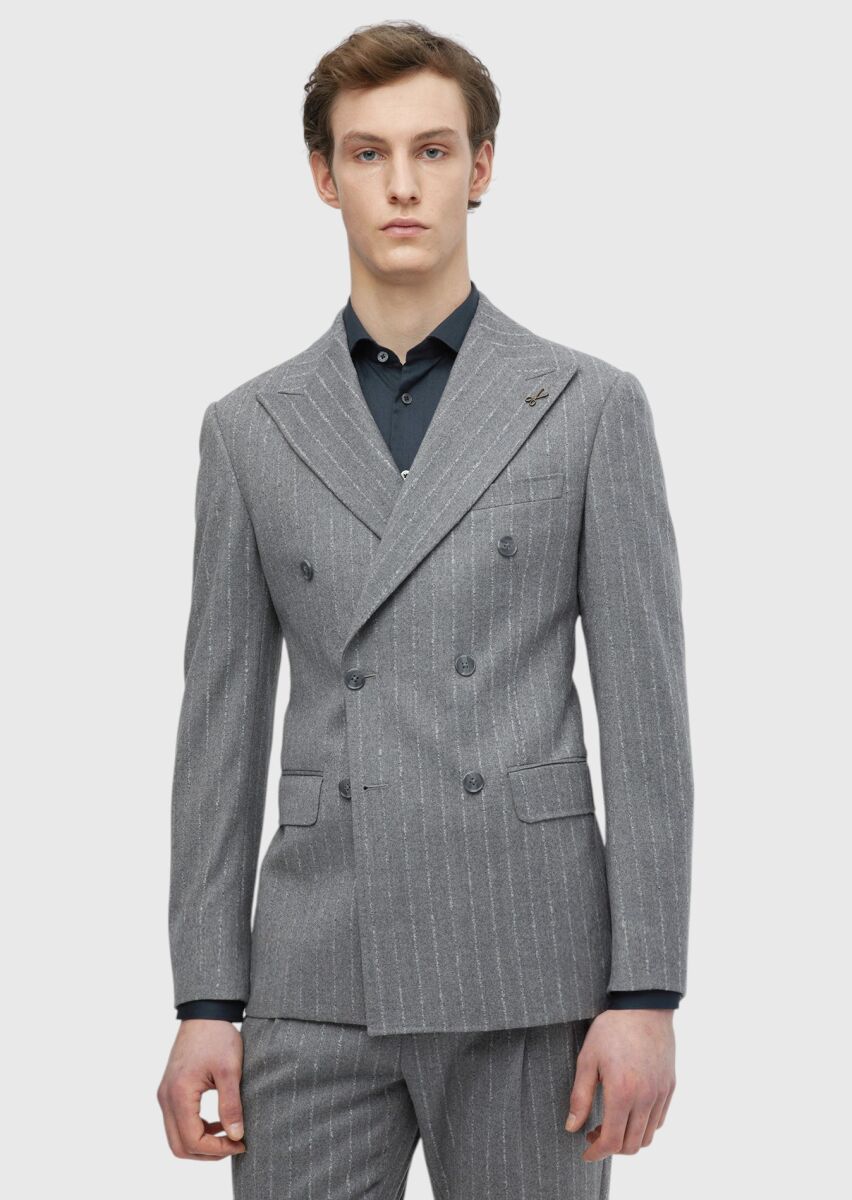 Grey Striped Comfort Fit Wool Blended Suit - 1