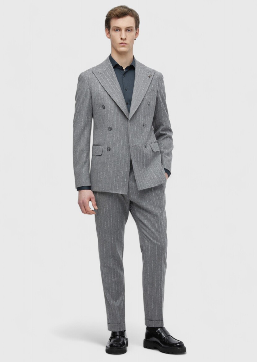 Grey Striped Comfort Fit Wool Blended Suit - 2