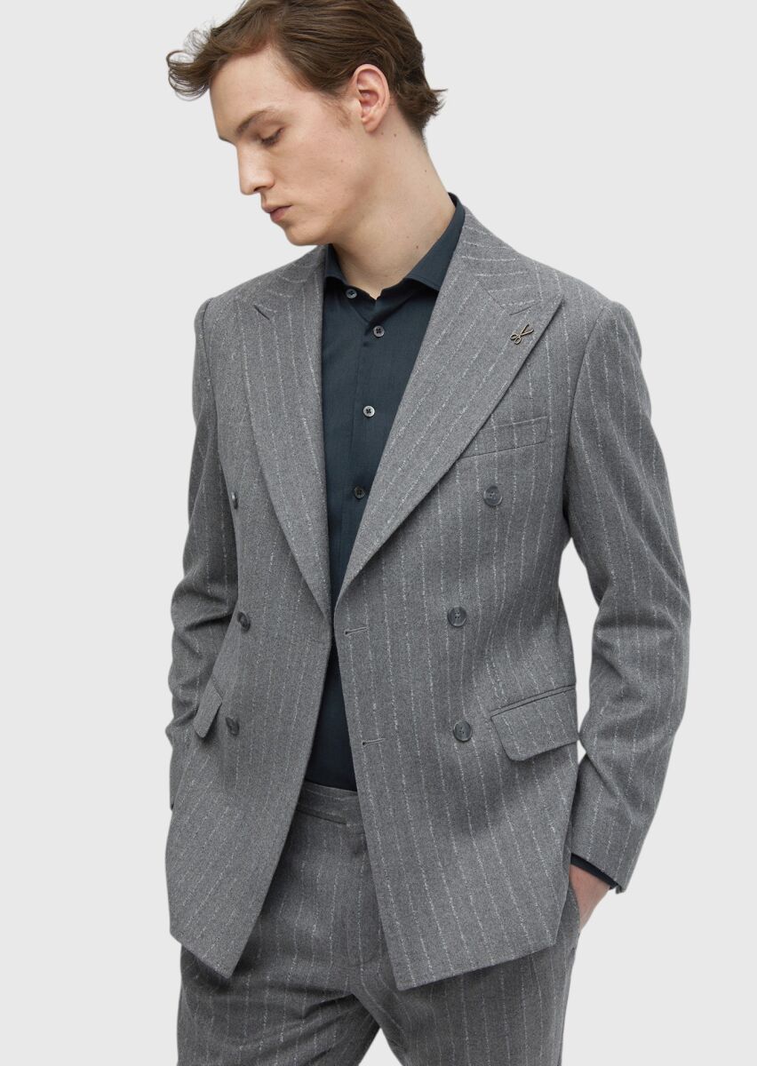 Grey Striped Comfort Fit Wool Blended Suit - 3