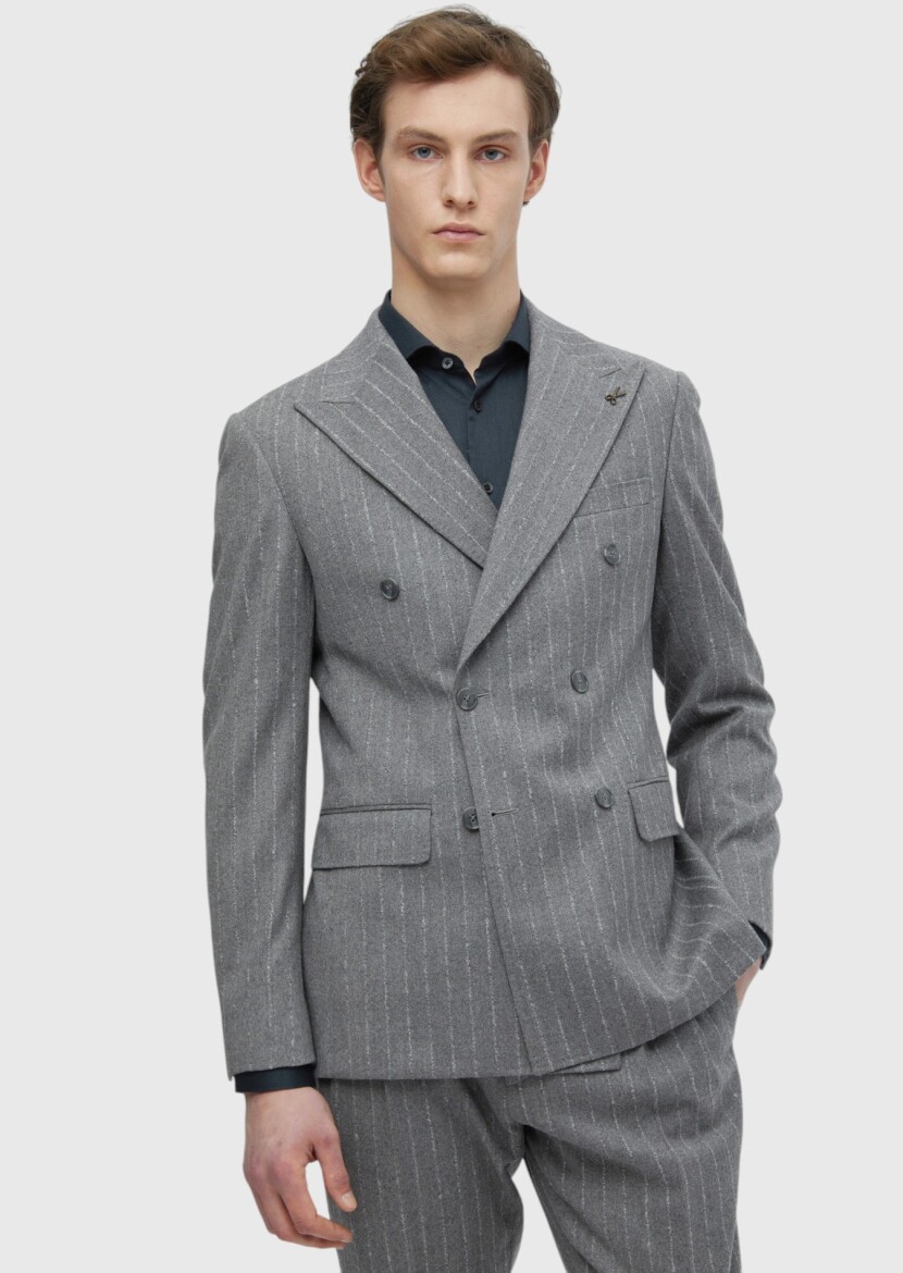 Grey Striped Comfort Fit Wool Blended Suit - 4