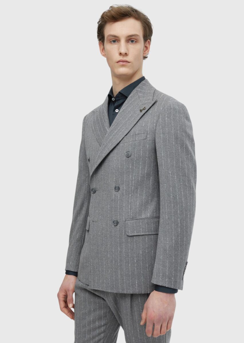 Grey Striped Comfort Fit Wool Blended Suit - 6