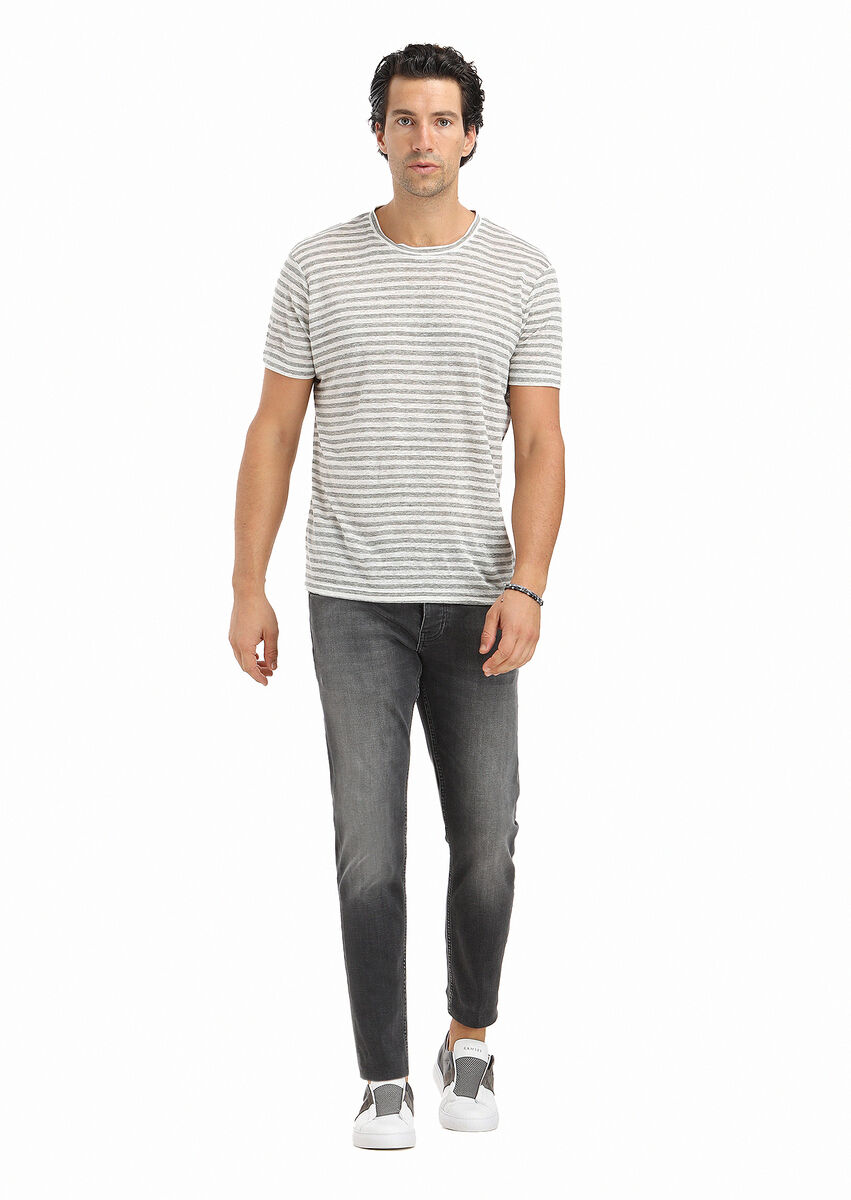 Grey Striped Crew Neck 100% Linen T-Shirt - 1