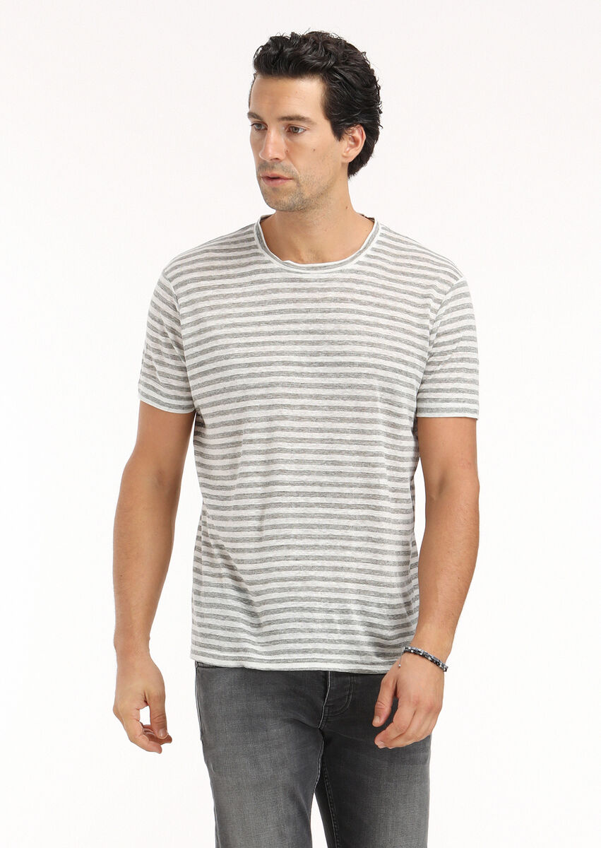 Grey Striped Crew Neck 100% Linen T-Shirt - 2