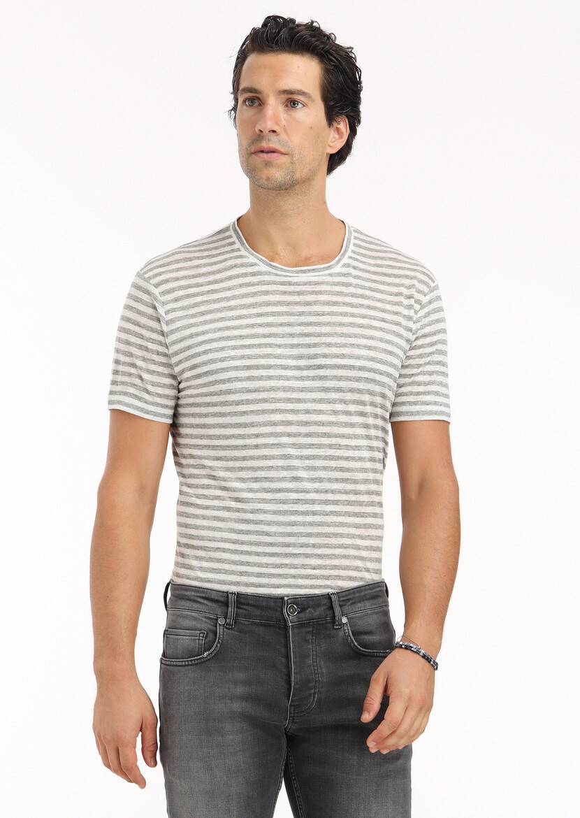 Grey Striped Crew Neck 100% Linen T-Shirt - 3