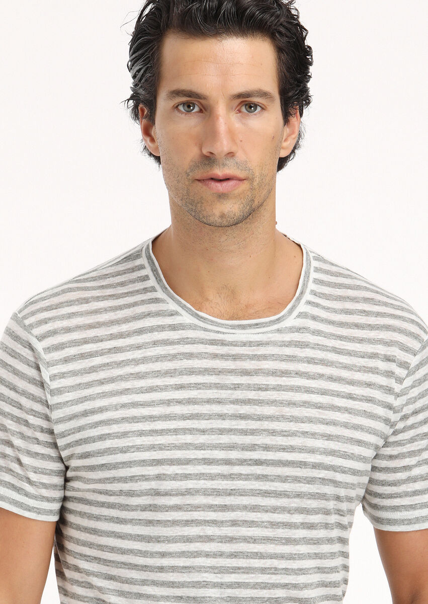 Grey Striped Crew Neck 100% Linen T-Shirt - 5