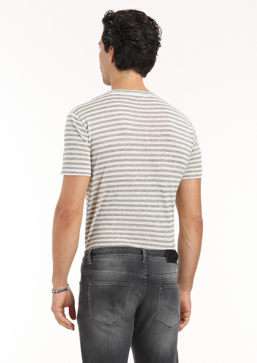 Grey Striped Crew Neck 100% Linen T-Shirt - 6