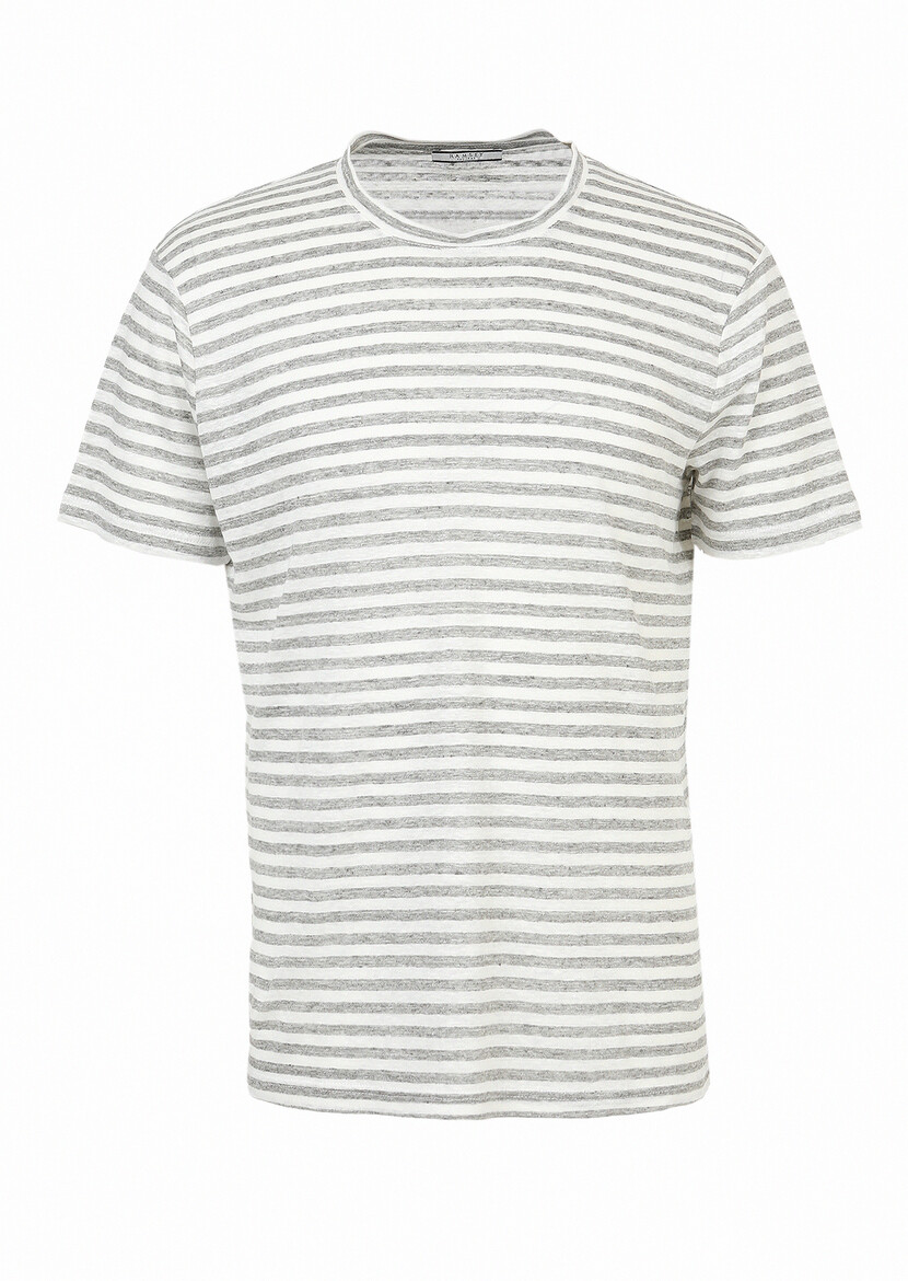 Grey Striped Crew Neck 100% Linen T-Shirt - 7