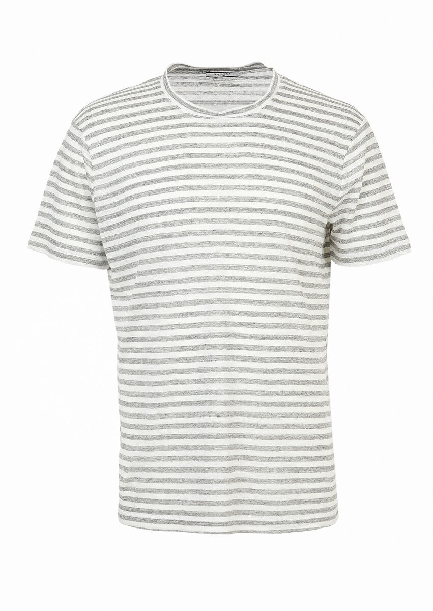 Grey Striped Crew Neck 100% Linen T-Shirt - 7