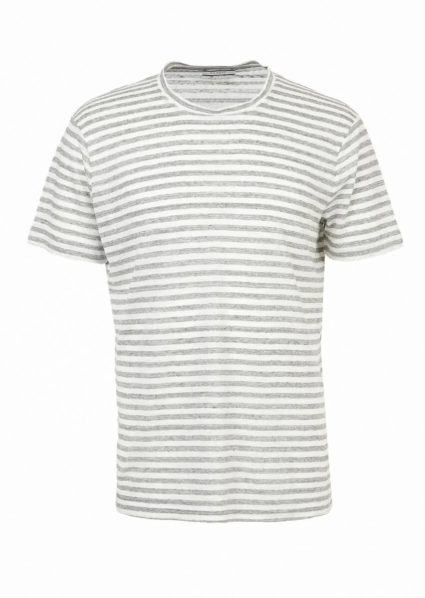 Grey Striped Crew Neck 100% Linen T-Shirt - 7