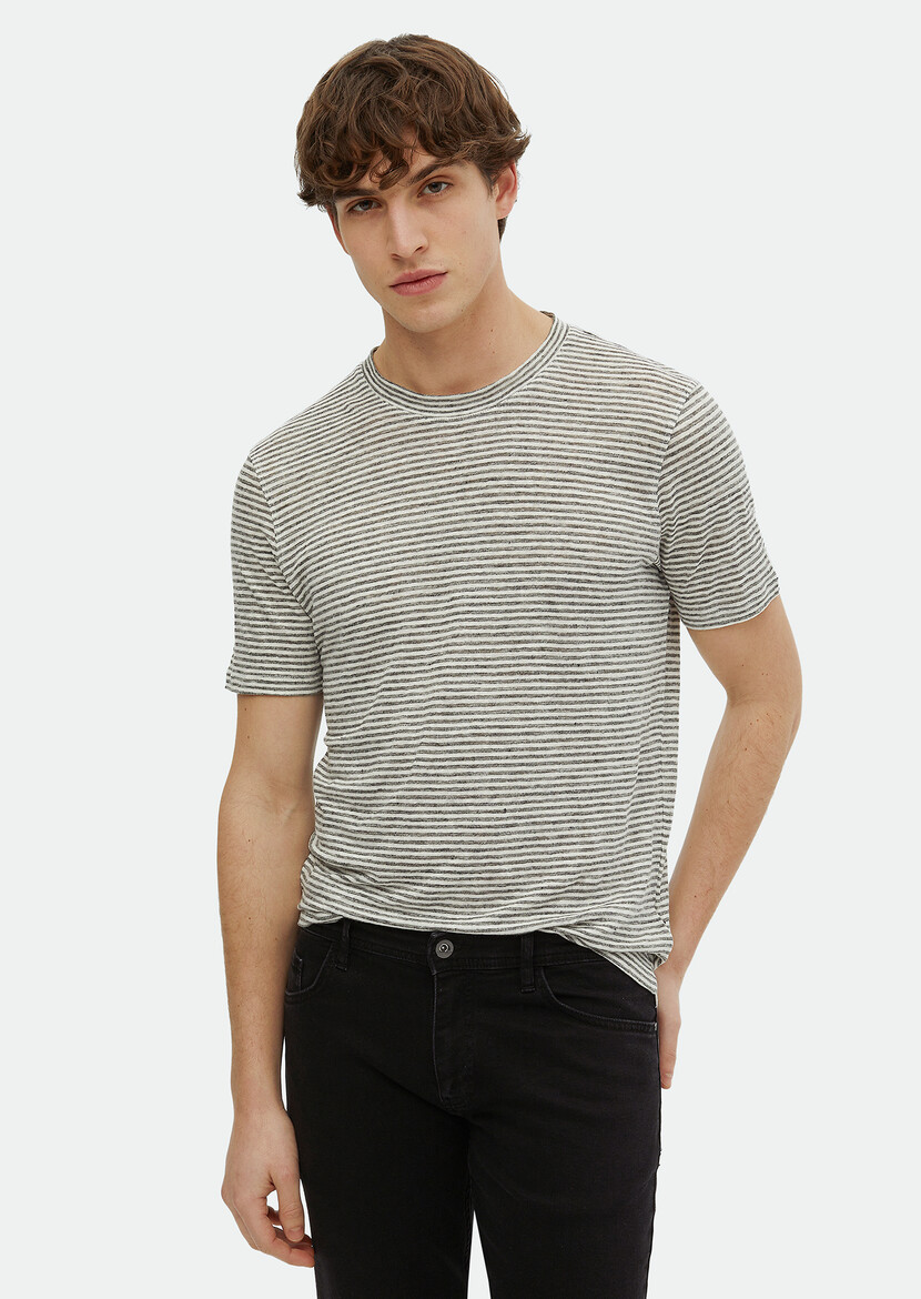 Grey Striped Crew Neck 100% Linen T-Shirt - 1