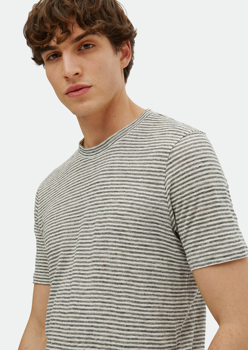 Grey Striped Crew Neck 100% Linen T-Shirt - 4