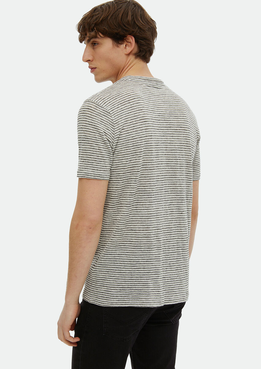 Grey Striped Crew Neck 100% Linen T-Shirt - 5