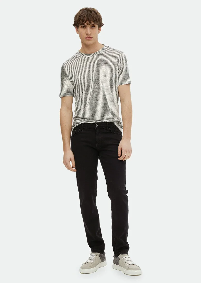 Grey Striped Crew Neck 100% Linen T-Shirt 