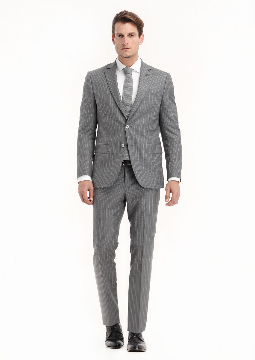 Grey Striped Modern Fit 100% Wool Suit - 1
