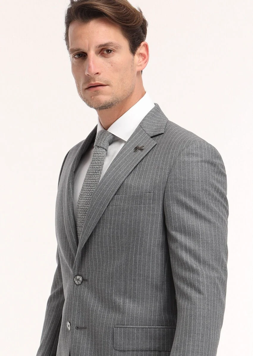 Grey Striped Modern Fit 100% Wool Suit - 2
