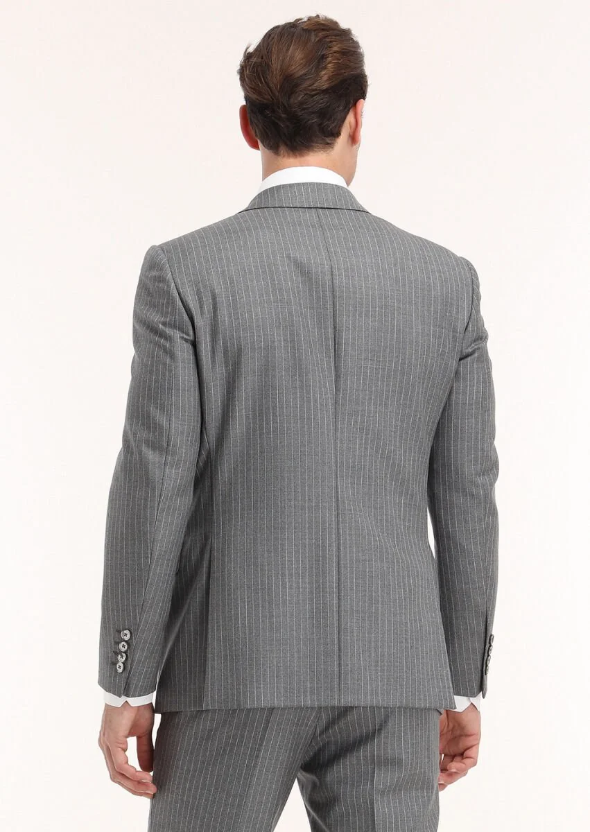 Grey Striped Modern Fit 100% Wool Suit - 4