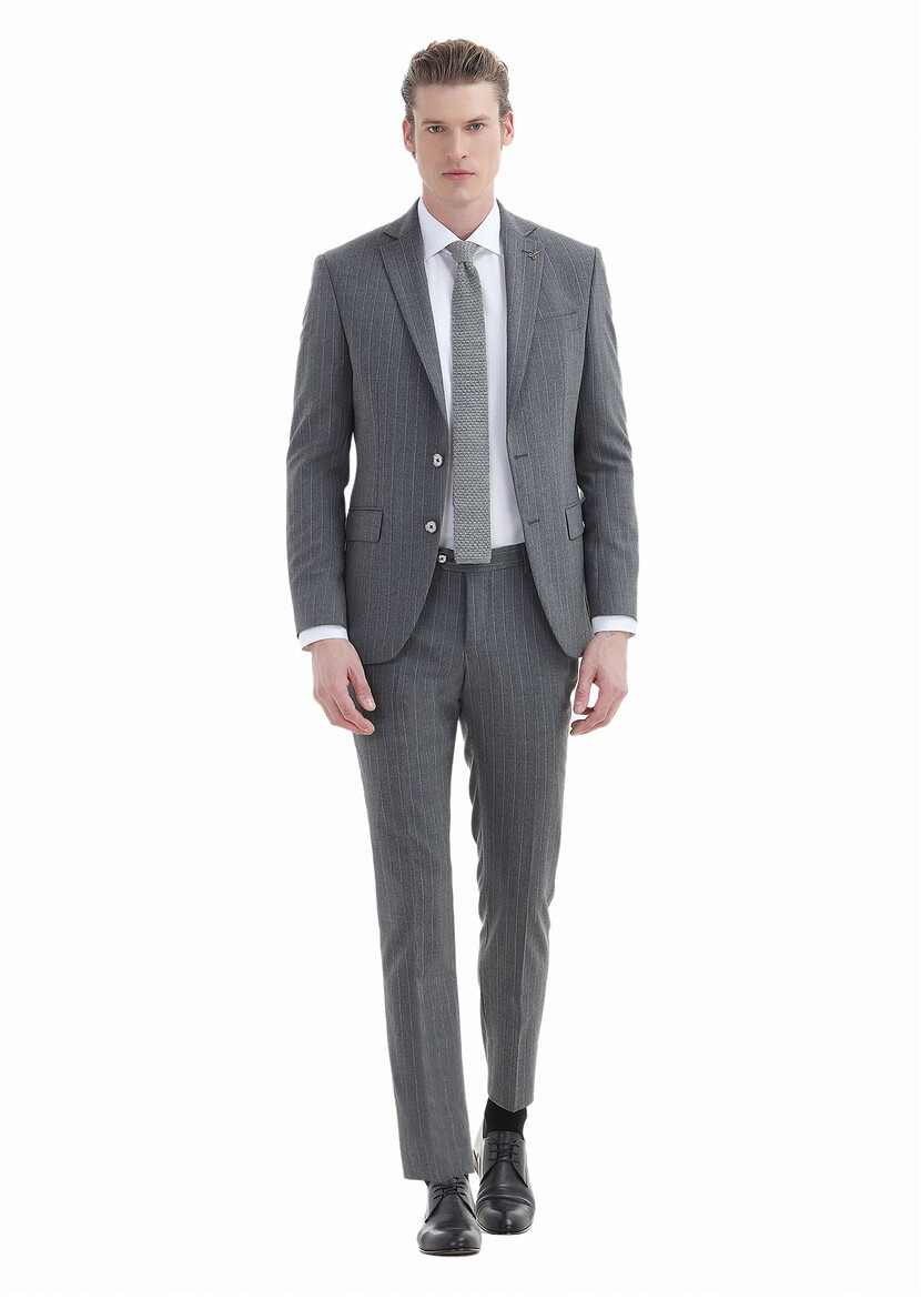 Grey Striped Modern Fit Wool Blended Suit - 1