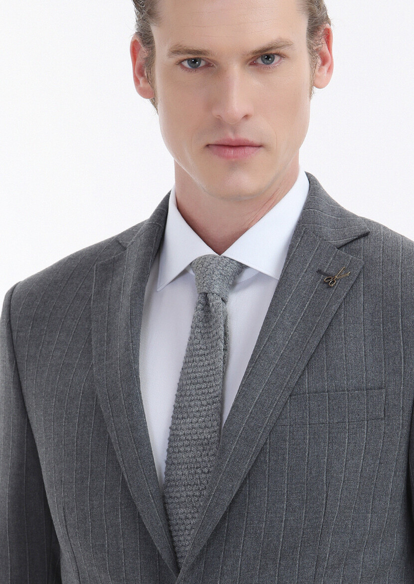 Grey Striped Modern Fit Wool Blended Suit - 3