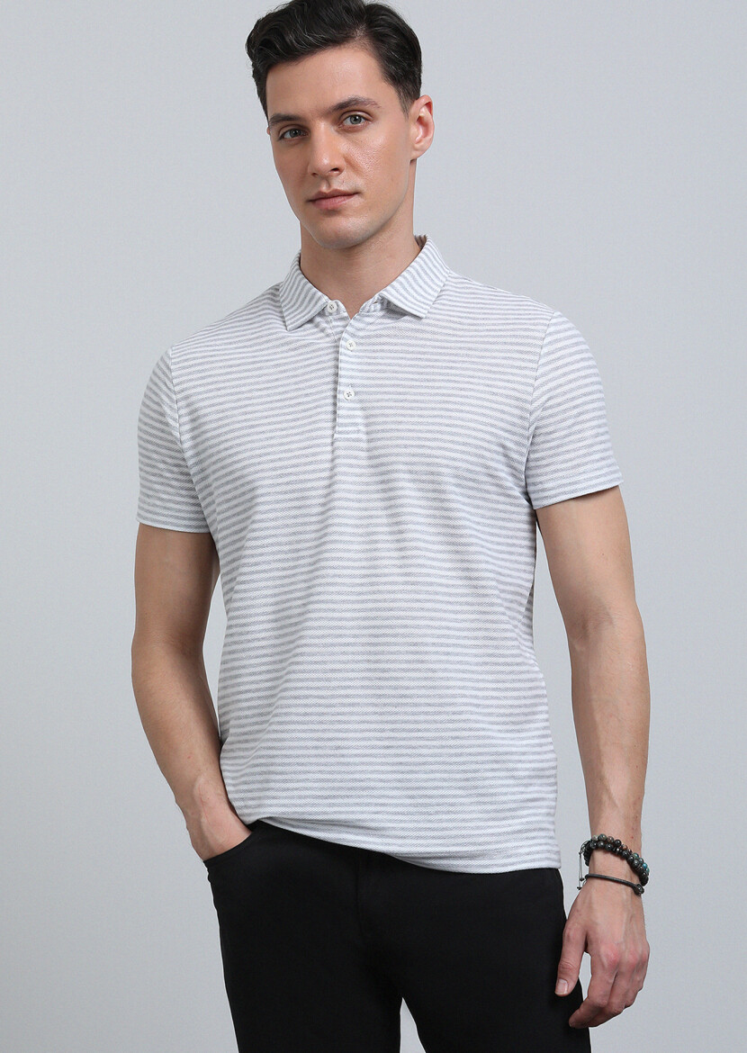 Grey Striped Polo Neck 100% Cotton T-Shirt - 1