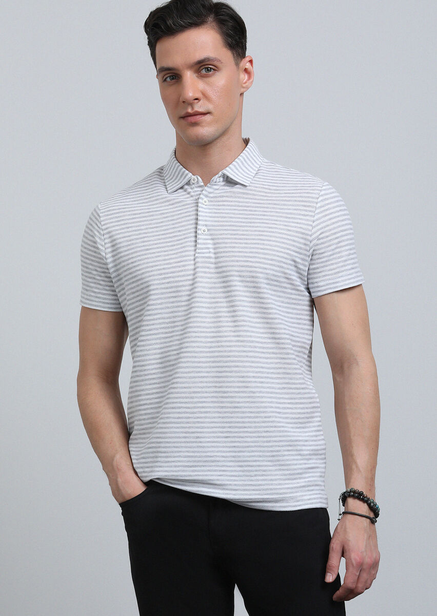 Grey Striped Polo Neck 100% Cotton T-Shirt - 1