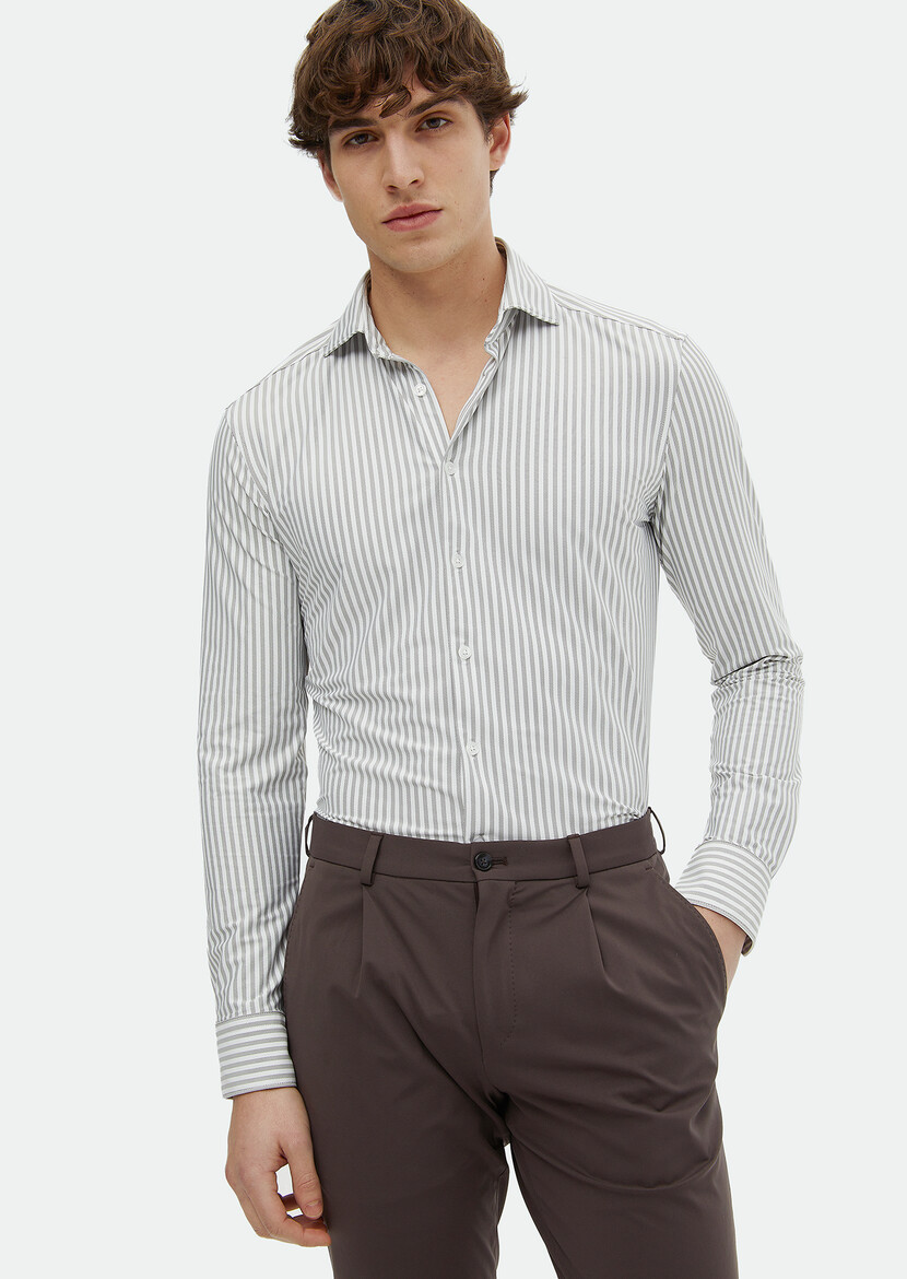 Grey Striped Regular Fit Knitting Classical Shirt 