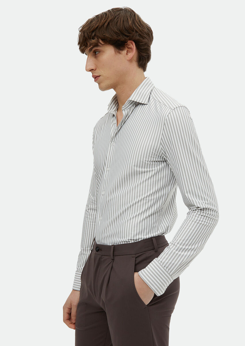 Grey Striped Regular Fit Knitting Classical Shirt - 3