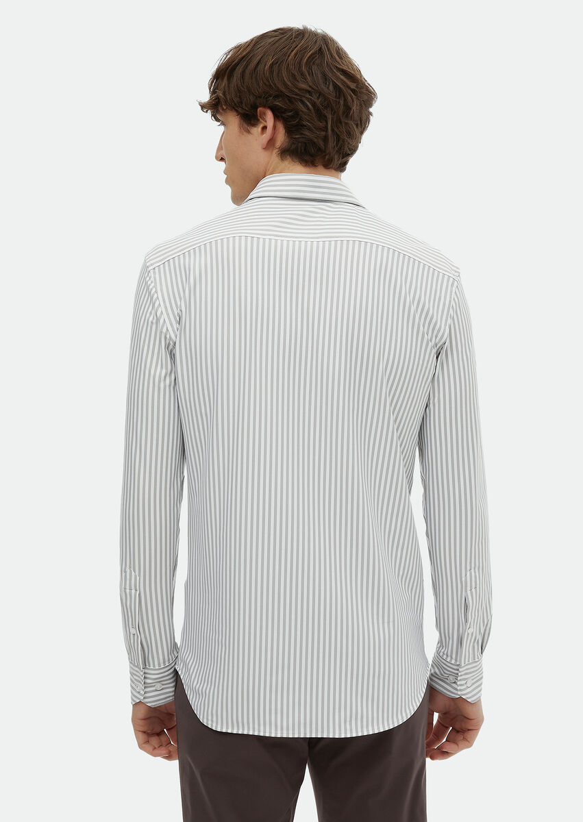 Grey Striped Regular Fit Knitting Classical Shirt - 5