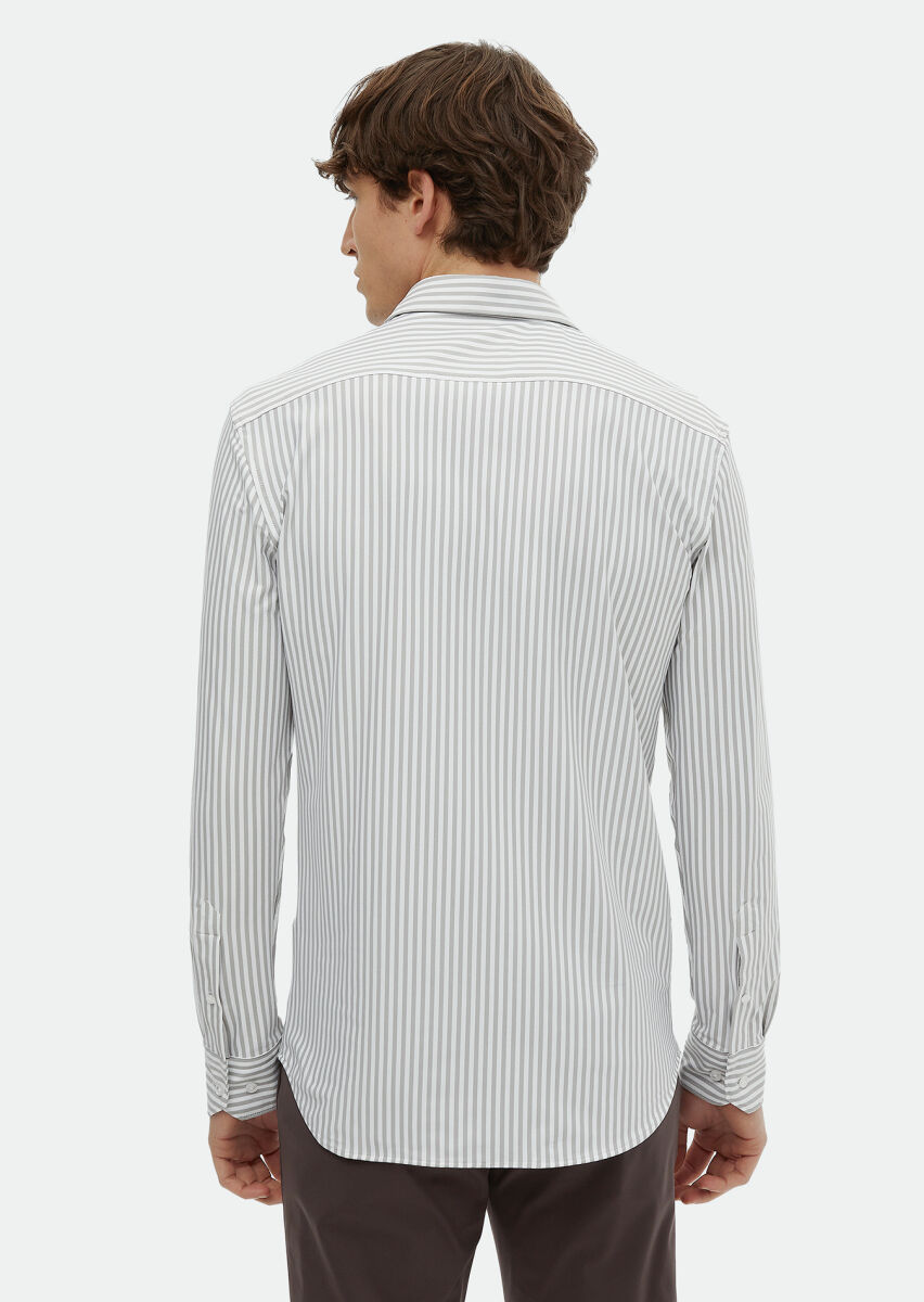 Grey Striped Regular Fit Long Knitting Classical Shirt - 5