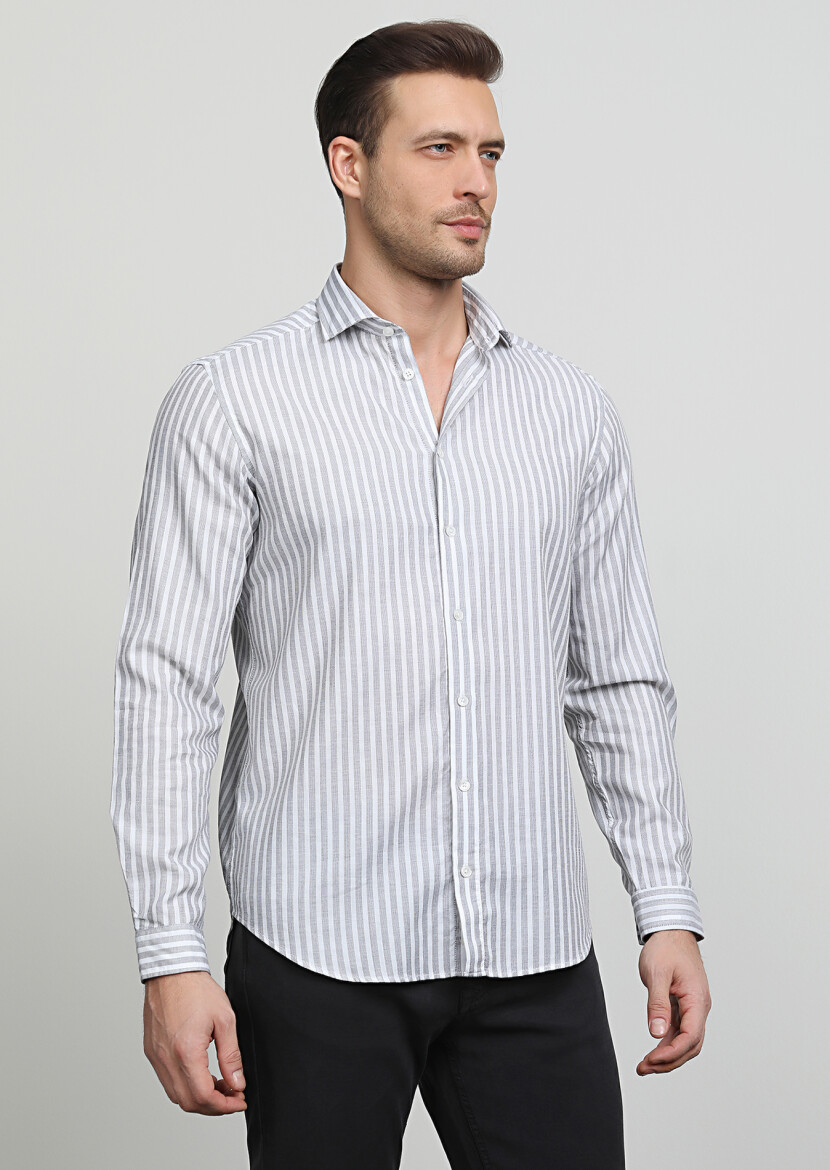 Grey Striped Regular Fit Long Weaving Casual 100% Cotton Shirt - 3