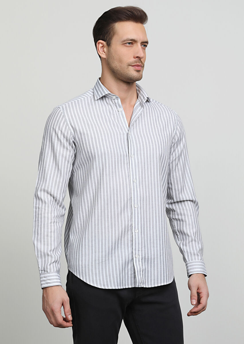 Grey Striped Regular Fit Long Weaving Casual 100% Cotton Shirt - 3