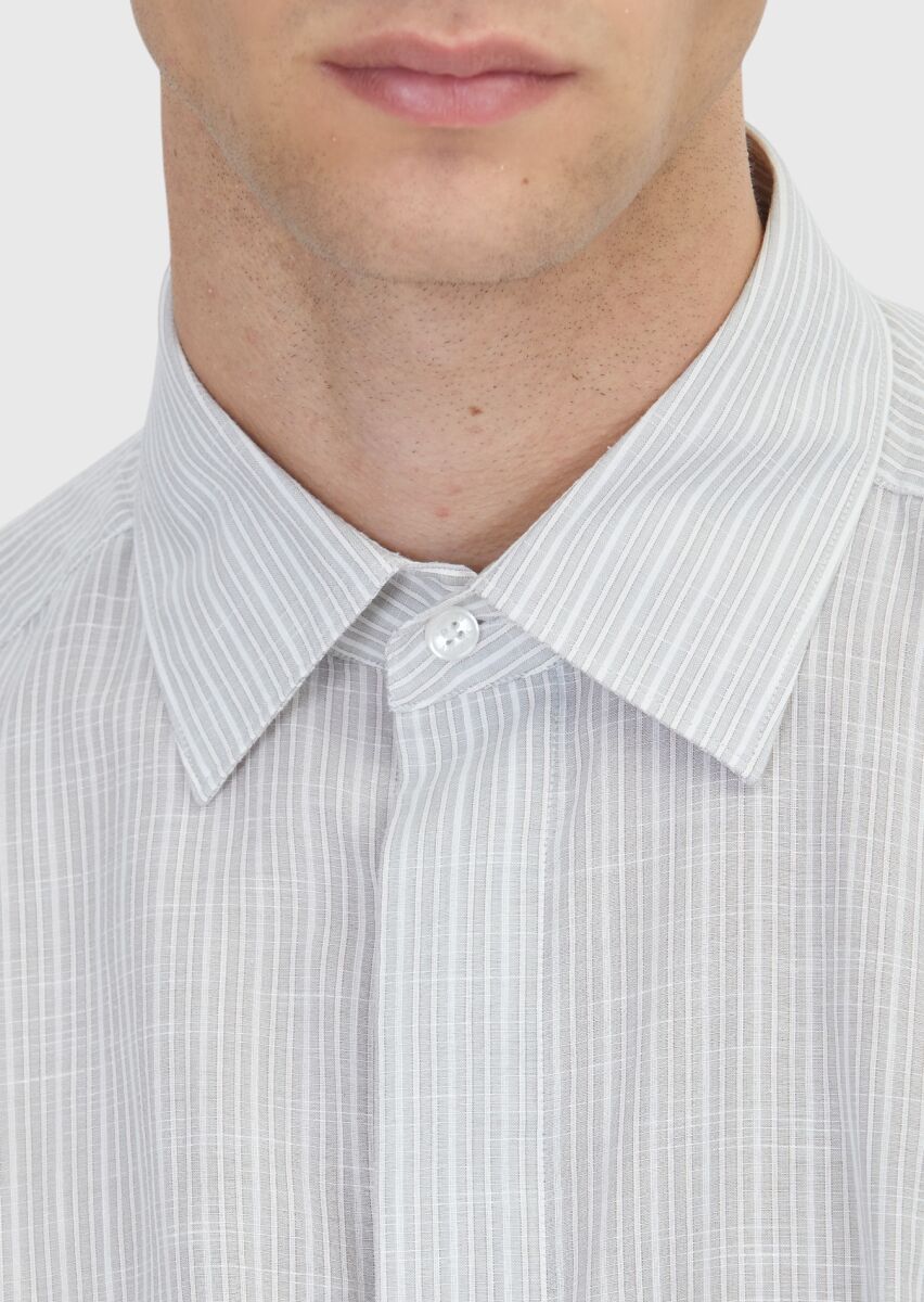 Grey Striped Regular Fit Long Weaving Casual 100% Cotton Shirt - 5